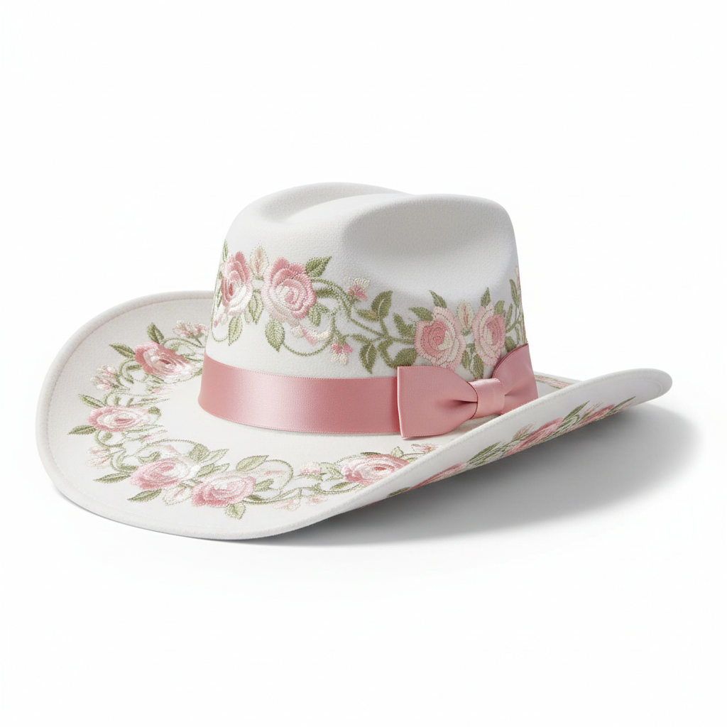 White Floral Embroidered Cowboy Hat