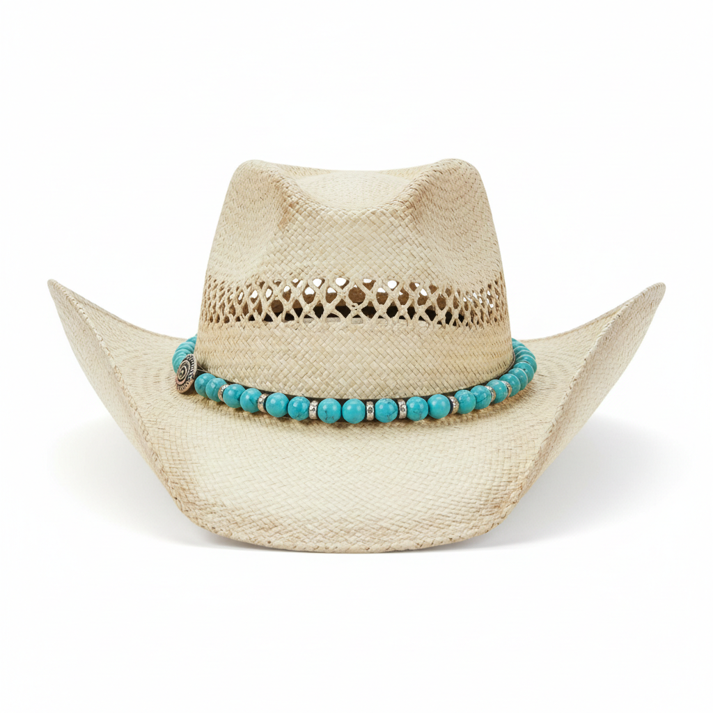 Summer Straw Cowboy Hat with Turquoise Beaded Band