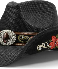 Black Straw Embroidered Cowboy Hat CL28