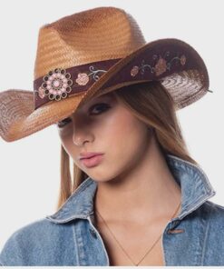 Pink Flower Studded Straw Cowgirl Hat CL72
