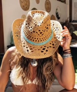 Turquoise Band Open Weave Straw Hat CL79