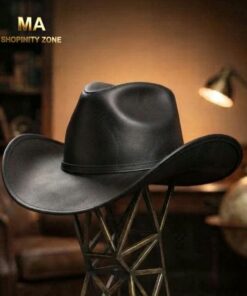Black Leather Wide Brim Cowboy Hat CL88