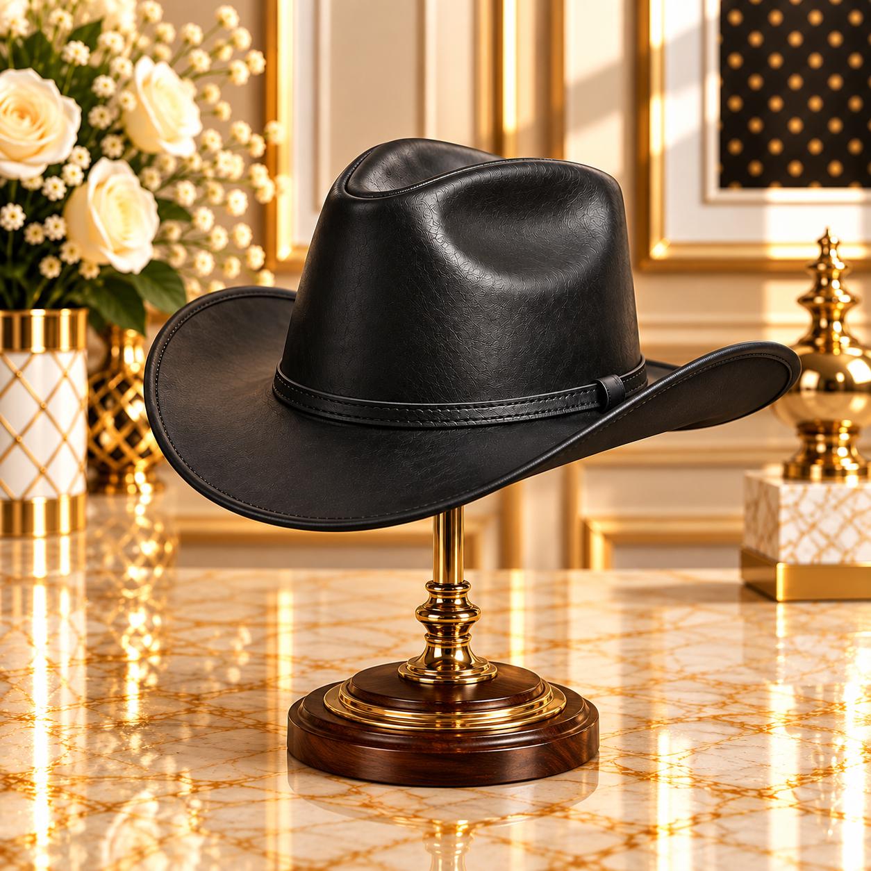 Black Textured Leather Look Cowboy Hat CL86